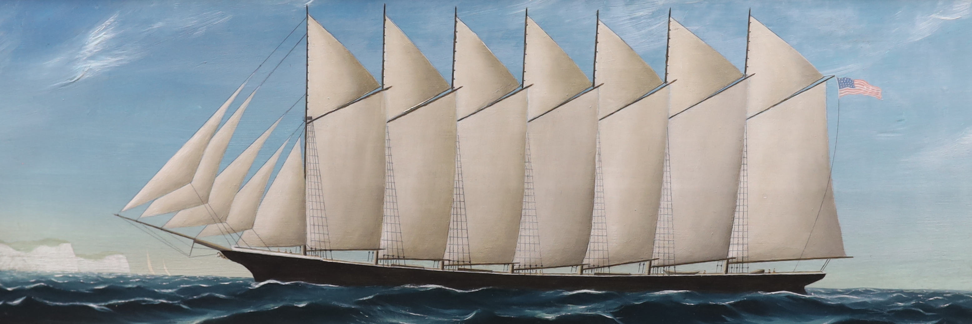 Christopher J. Guise (American), four maritime oils on board, British yachts and ships at sea, each signed, largest 48 x 56cm, ornate gilt frames